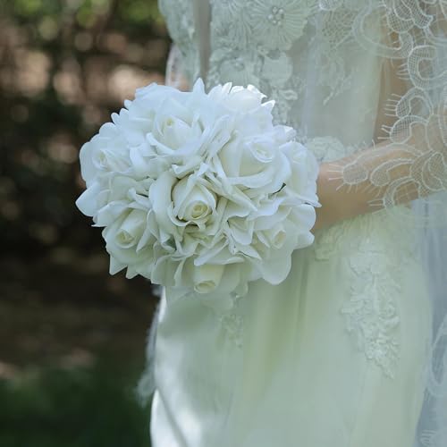 Bridesmaid Bouquets Set of 6, Morandi White Cream White Real Touch Faux Roses Flowers, Ivory Roses Artificial Flowers, Bridal Bouquets for Wedding Prom - 8 Inch - size: 8 Inch - Set of 6