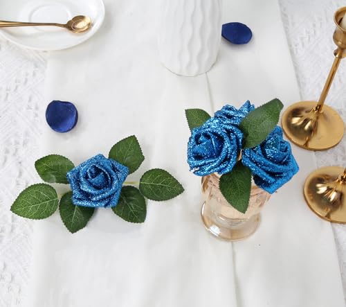 IPOPU Fake Roses,25PCS Blue Roses Glitter Roses Artificial Roses with Stems for Cake Wedding Bouquet Home Party Decoration(Blue) - color: Blue