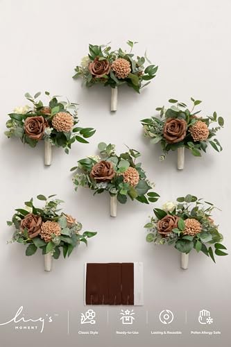 Ling's moment Brown Bridesmaid Bouquets Set of 6, Earth Brown & Sand Dune Artificial Wedding Flower Bouquets Floral Bouquet Bridesmaid Bouquets with Ribbon, Ceremony, Anniversary, 7-inch Diameter - color: Br-earth Brown & Sand Dune