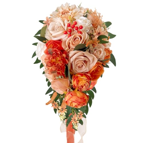 Burnt Orange Cascading Bouquets for Bride Artificial Fall Silk Flower Terracotta Rose Wedding Bridal Bouquet Sunset Beige Boho Rustic Ceremony Anniversary Decor Toss Bouquet - color: Burnt Orange, Terracotta