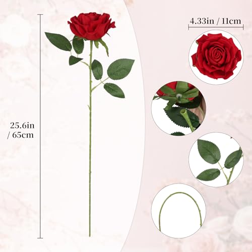 8Pcs Large Velvet Artificial Red Roses, Realistic Red Rose Flowers with Long Stems, 25.6 “ Faux Roses for DIY Wedding Bouquet, Valentine's Party Table Centerpiece, Home Bridal Decorations - color: Red