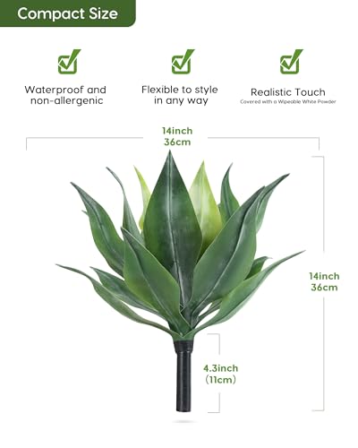 Velener Artificial Outdoor Agave Plants, Outdoor Faux Plants with Broad Leaves, Small Size UV Resistant Fake Agave Plants for Indoor and Outdoor Decor(14 Inch)-2 Pack - color: Soft-green 01