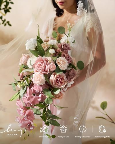 Ling's moment Dusty Rose Bridal Bouquet Cascading, Pink Wedding Bouquets for Bride, 15 Inch Bride Bouquet Orchids Artificial Wedding Flower Bouquet - color: Pk-exquisite Dusty Rose & Cream, size: Medium 15 Inch
