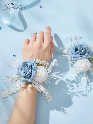Serwalin 6 PCS Blue Wrist Corsage for Wedding, Corsages Wristlet for Bridesmaid Mother Grandmother Girl, Artificial Flowers for Prom Ceremony Homecoming Anniversary - color: Blue, size: Corsage 6pcs
