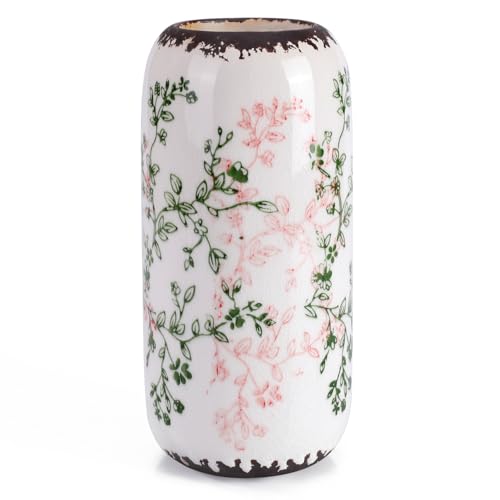 Ceramic Vase for Flowers – Modern Small Ribbed Textured Flower Vase for Home Decor, Pampas Grass, Decorative, Farmhouse, Coffee Table, Kitchen Centerpieces, Bookshelf and Home Living (Green and Beige) - color: Green and Beige
