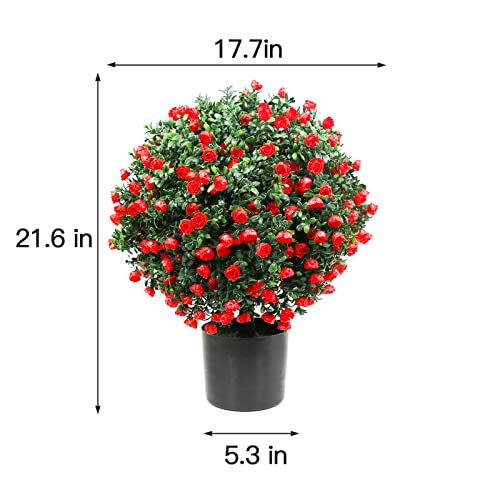 Sunnyglade 21.6” Tall Artificial Rose Topiary Ball Tree Set of 2 Pack Potted Bushes UV Resistant Potted Plants for Indoor Outdoor Home Garden(Red) - color: Red