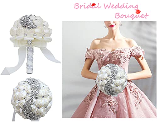 XINNI Handmade Bridal Wedding Bouquet Bride Bridesmaid Satin Rose Flower Bouquet with Meteor Shower Shape Rhinestone Wedding Decoration Shell Pink - color: Shell Pink