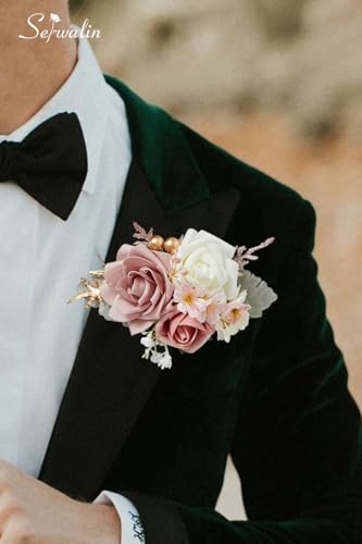 Serwalin 2 Pcs Boutonniere, 6-7 Inch Dusty Pink Corsage for Wedding, Boutonniere for Men Groom and Best Man Prom Ceremony Anniversary Party Suit - color: Pink, size: Boutonniere-2pcs