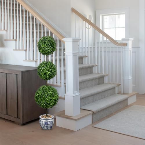 3FT Topiary Trees Artificial Outdoor Trees for Porch UV Resistant Potted Shrubs Boxwood Topiary with Blue and White Porcelain,Artificial Plants Indoor-Fake Topiary for Outdoors, Home,Garden Decor - color: 3 Ft