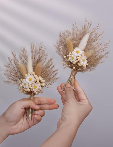 xin's convey Mini Dried Flower Bouquet Set of 6, Small Pampas Grass, Bohemian Wedding Table Centrepieces, Bridesmaid Flower Girl Proposal Boxes, Birthday Cake, Party Plate Decorations (Brown) - color: Brown