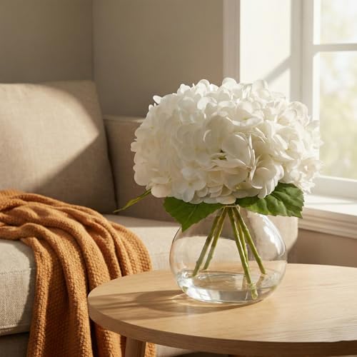 Real Touch Artificial Hydrangea in Vase,Premium Faux Flowers with Faux Water for Home Decoration,Coffee,Table,Wedding,White Fake Hydrangea with Vase for DIY Floral Arrangements - color: White