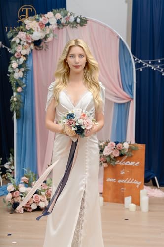 TINGE TIME 9 Inch Artificial Bridal Bouquet, Cascading Wedding Bouquet for Wedding Ceremony and Anniversary (Dusty Rose & Navy Blue) - color: Dusty Rose & Navy Blue