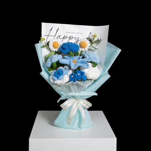 Completed Blue Crochet Flowers Bouquet, Handmade Knitted Bouquet, Crochet Artificial Flowers for Mother's Day, Graduation, Birthday, Wedding, Home Decor, Gifts (Blue Rose) - style: Blue Tulip & Rose