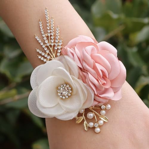Satin Rose Corsage and Boutonniere Set for Bride Groom Bridesmaids Groomsmen Wedding Homecoming Flowers Prom Party Suit Accessories (Pink) - color: Pink