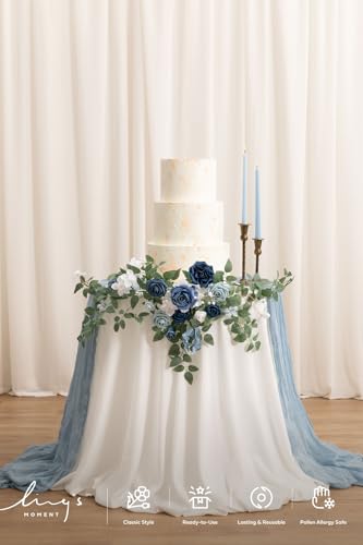 Ling's moment Wedding Artificial Welcome Sign Flowers Swag Arch Floral Garland Decorations Dusty Blue Navy for Ceremony Reception Entrance Entryway Party Banquets Easel Home Outdoor(NOT Include Sign) - color: Dusty Blue & Navy