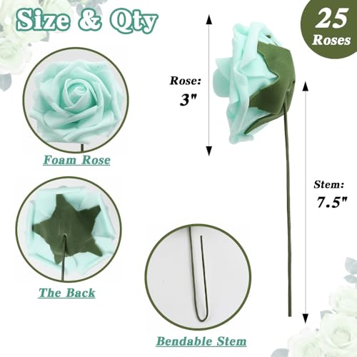 Artificial Flowers, 25pcs Real Looking Teal Green Foam Fake Roses with Stems for DIY Wedding Bouquets Baby Shower Centerpieces, Artificial Rose for Cake Flowers Party Table Home Decorations - color: Teal