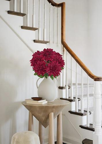 Hollyone Dark Red Artificial Dahlia Flowers Bush 7 Heads Silk Fake Dahlias Flowers with Stems Wedding Bouquets Faux Dahlia Flowers Arrangements for Outdoor Indoor DIY Table Centerpieces Home Decor - color: Dark Red
