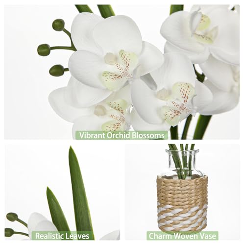 Oairse White Orchids Artificial Flowers with Vase, Small Faux Orchid Arrangement Fake Flower in Woven Glass Vase Small White Centerpieces for Kitchen Dining Room Tables Bathroom Nightstand Decor - color: White # Clear