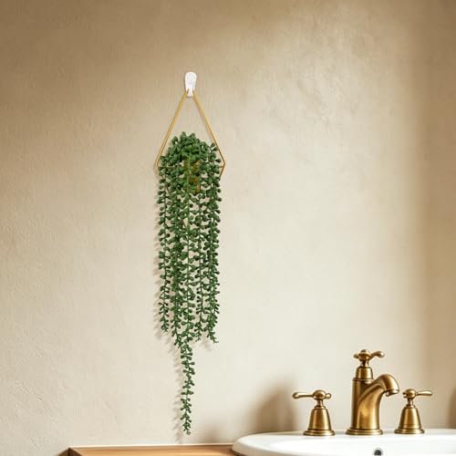 2 Pack Artificial Hanging Plants with Geometric Metal Wall Planter, Faux String of Pearls Hanging Plant, Fake Succulent Vine Potted Plant for Wall Decor, Indoor Outdoor Home Office Garden Patio Decor - color: String of Pearls-b, size: 2Pack