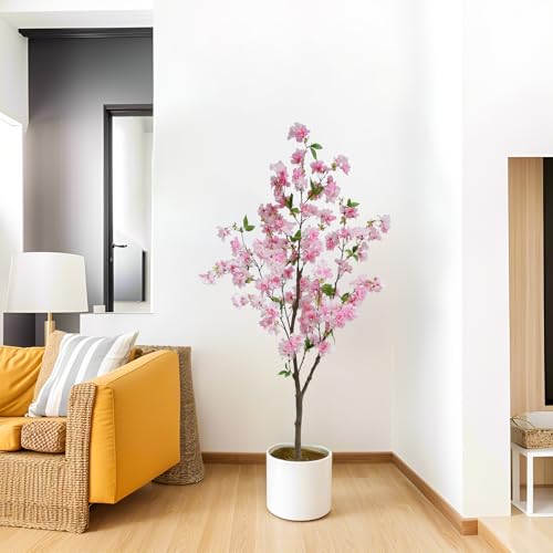 5FT Artificial Pink Cherry Blossom Tree, Faux Sakura Flower Tree in Pot, Fake Flowering Tree for Home Decor, Wedding, Party, Living Room & Office Decoration - color: Pink, size: 5ft