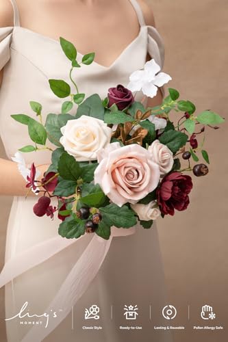 Ling's moment Artificial Bridesmaid Bouquets Set of 6,Burgundy Wedding Flower Bouquets Pink Floral Bouquet Mashala Bridal Bouquets with Ribbon,Ceremony,Anniversary,7-inch Diameter - color: Pk-marsala & Cream