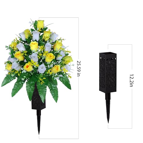 LVXINLI Artificial Cemetery Flowers, Gravesite Decoration Roses, Memorial Bouquets with Cemetery Vase, Vibrant and Long-Lasting Colors (Yellow+White, 2 Bundles) - color: Yellow+white