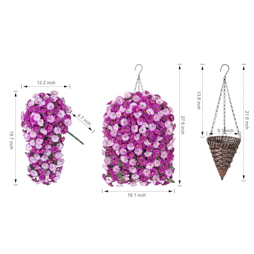 Artificial Fake Hanging Flowers Basket for Outdoor Indoor Decoration,UV Resistant Faux Silk Light Fuchsia and Fuchsia Morning Glory Flowers Plants Realistic Hanging Planter for Outside Home Porch Yard - color: Light Fuchsia+fuchsia Morning Glory