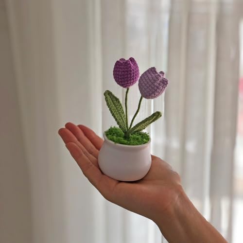 Joekaran Crochet Flowers Cute Little Potted Flower, Gift for Birthday, Teacher’s Day, Graduation, Anniversary, Christmas, Decor for Car Dashboard,Home Office Decoration (Purple Gradient Tulips) - color: Purple Gradient Tulips