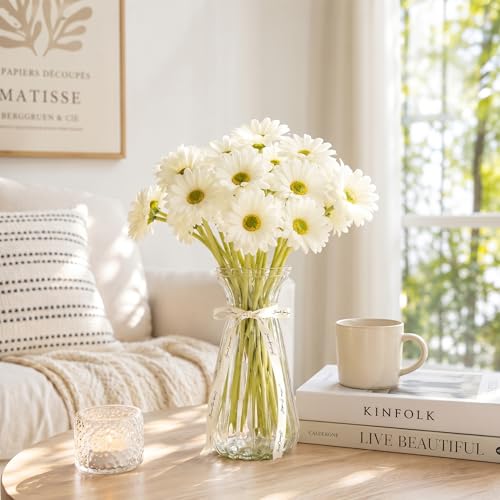 WILLBOND 18 Pcs Artificial Gerbera Daisies Flowers 15 in White Fake Daisy Bouquet with Flexible Stems Boho Faux Wildflower for Wedding Bridal Groovy Party Home Kitchen Decor - color: White