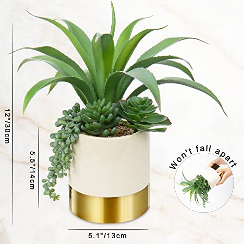 Hollyone Large Artificial Succulents Plants Faux Succulents 12" Fake Succulent Plants in Gold Ceramic Pot Succulent Plant for Desk Modern Home Living Room Office Table Bathroom Decor - color: Mercury - Gold 1