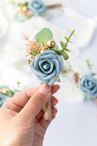 Boutonniere for Men Wedding, Groom Groomsman Artificial Rose Flowers for Wedding Anniversary Celebration,Prom,Party,Home Decoration Set of 2 (Dusty Blue) - color: Dusty Blue