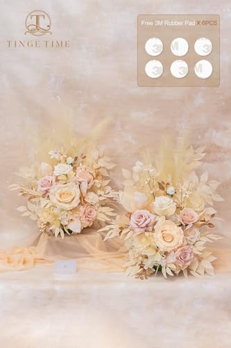 TINGE TIME Free-Standing Artificial Flower Set of 2, Table Centerpiece with Rubber Pad, Silk Fake Flower for Wedding Centerpiece Archway Aisle Welcome Entrance (Champagne&Pink) - color: Champagne&pink