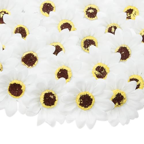 White Artificial Sunflower Heads Bulk, 50 Pcs Fake Sunflower Heads Fabric Flowers for Craft, 2.76 Inch Silk Sunflowers for Decorations, Bridal Shower, Farmhouse, Birthday Party - color: White