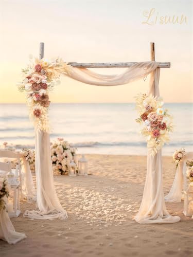 Lisuun Artificial Wedding Arch Flowers with Chiffon Runner, Pack of 3 | Includes 2 Flower Swags, 1 20ft Chiffon Runner and Zip Ties for Wedding Arches, Arbors and Backdrops - color: Champagne