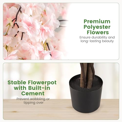 Goplus 5.5FT Artificial Cherry Blossom Tree, Fake Flower Tree, Faux Floral Plant Blooming Tree in Nursery Pot with White Flowers, Tall Potted Artificial Tree for Indoor Home Office Porch Decoration - color: White, size: 1 Pack