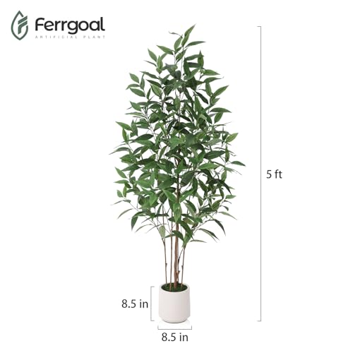 Ferrgoal Artificial Eucalyptus Tree，5FT UV Resistant Fake Outdoor Plants,Artificial Plants Indoor with White Planter,Silk Leaves,Faux Tree for Home Decor Floor Porch Liveing Room - size: 5ft