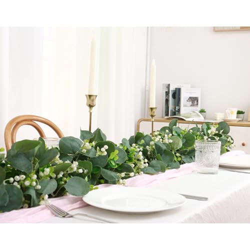 Eucalyptus Garland, 4 Packs 5.9FT Greenery Garland with Gypsophila Flowers Artificial Faux Silver Dollar Eucalyptus Leaves Fake Vines for Indoor Outdoor Table Mantle Home Wedding Decor (4PCS) - color: Style-03, size: 4PCS