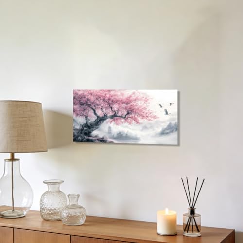 QIXIANG Cherry Blossom Mountain Canvas Wall Art Pink Floral Trees Pictures Large Landscape Painting Japanese Decor for Living Room Bedroom Framed (white,12" W x 24" L) - color: white, size: 12"W x 24"L