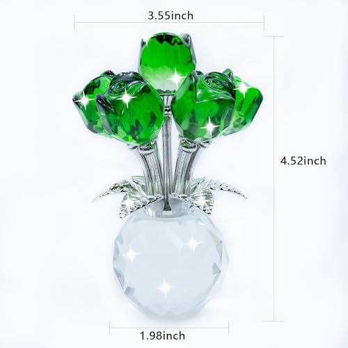 TWINKLING Crystal Roses Figurine with Round Vase, Glass Rose Crystal Flowers Bouquet, Birthday, Anniversary,Wedding, Home Décor,Silver Leaf (Green) - color: Green(silver Leaf)