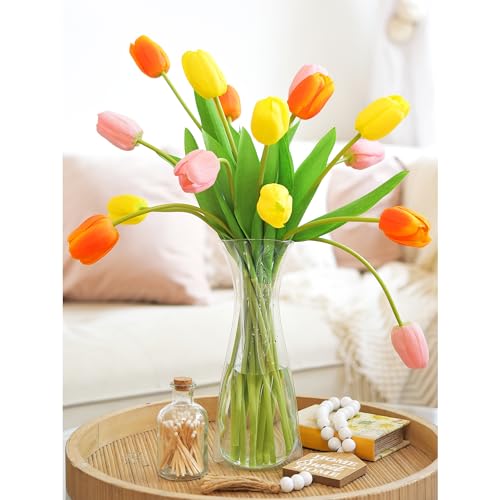 FiveSeasonStuff Real Touch Long Stem Tulips – 15 Artificial Flowers with Foldable Vase (Orange, Yellow, Pink) for Home Décor, Weddings, and Gifts (Festive Blooms) - color: Festive Bloom Long Stems With Vase