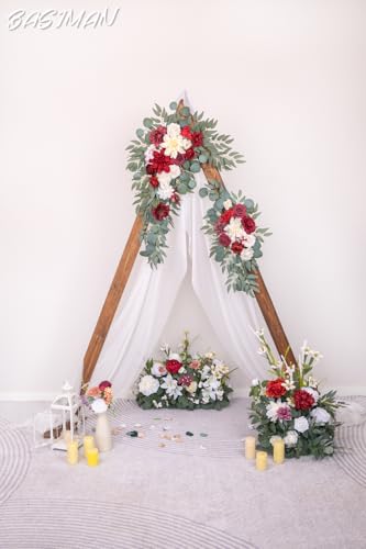 Arch Flowers with Drapes Kit (Pack of 3) for Wedding Ceremony Arbor and Reception Backdrop Decoration Wedding Welcome Signs Floral Birthday Party Decoration - color: Red Pink and Marsala