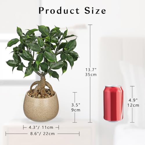 Artificial Bonsai Tree Fake Small Ficus Plant with Ceramic Pot Indoor Plant | 13.7" Faux Plants Indoor Small Artificial Plants in Pots Fake Potted Desk Plant for Bathroom Office Table Shelf Zen Decor - color: Green Ficus&brown Speckled Matte Pot