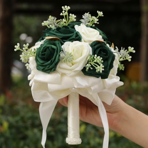 Round Green Artificial PE Rose Bouquet with Pearls for Bridal Toss and Bridesmaids Suit for Wedding Party - color: Green Leaves