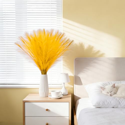 50pcs Golden Yellow Pampas Grass 21.6 Inch Non-Shedding Faux Pampas Grass Decor, Fluffy Artificial Pampas for Boho Home, Wedding Centerpieces and Neutral Vase Arrangements - color: Golden Yellow
