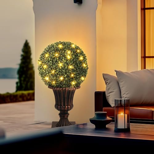 IDEALHOUSE 24 Inch Outdoor Artificial Trees with Lights, 2-Pack Pre-Lit Topiary with Remote & Timer, UV Resistant Faux Plants in Vintage Urn Pot for Porch, Patio, Home Decor, Rusitc Red Base - color: Rusitc Red Base