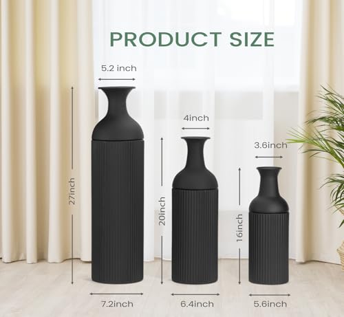 BANOMII Large Metal Floor Vases Set of 3, 27'' 20'' 16'', Black Tall Flower Vase for Pampas Grass, Decorative Big Vases for Hallway Corner, Floor Decor for Living Room