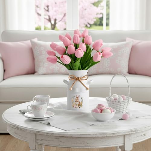 21 Pcs Artificial Tulip Centerpiece Decor with Vase Artificial Flower Bouquet Vintage Bunny Metal Flower Bucket Summer Tulip Floral for Party Spring Home Decor(Pink,Cute) - color: Pink, style: Cute