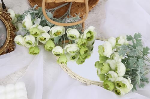 Mini Peonies Artificial Flowers, 3 Bundles Silk Faux Ranunculus Flower, 42 Heads Artificial Peonies with Stems for Home Office Dining Table Wedding Spring Centerpiece Decor(White Green) - color: White Green