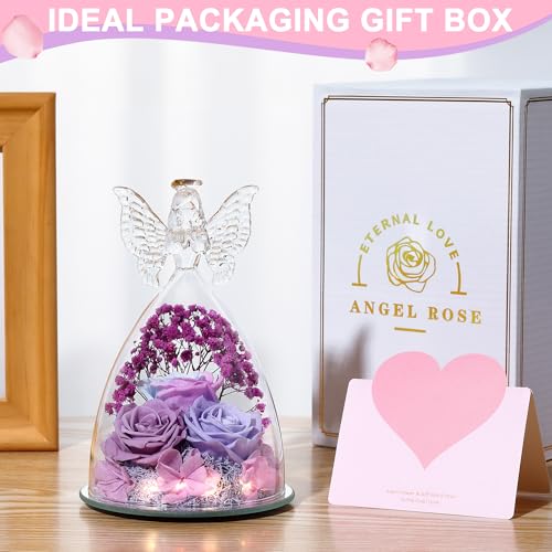 Mothers Day Rose Gifts for Women Preserved Real Flower in Glass Angel Figurines Roses for Delivery Prime Birthday Gifts for Mom Grandma Girlfriend Wife Her, Multi Purple - color: Multi Purple