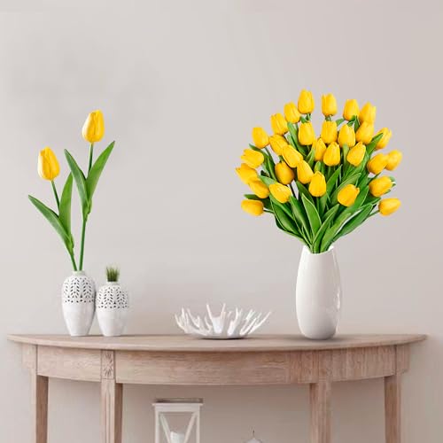 Sggvecsy 15 Pcs Fake Tulips Artificial Flowers Real Touch PU Faux Flowers Tulip Stems for Wedding Spring Bouquet Floral Arrangement Home Party Office Decorations for Mother's Day (Dark Yellow) - color: Dark Yellow, size: 15 Pcs